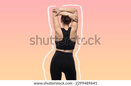Fitness and body care, slim woman with silhouette outline drawings around figure. Body shaping and liposuction Royalty-Free Stock Photo #2299489641