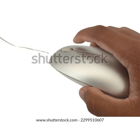 Hand holding a computer mouse on a white background perfect for copy space and to complement pictures about technology