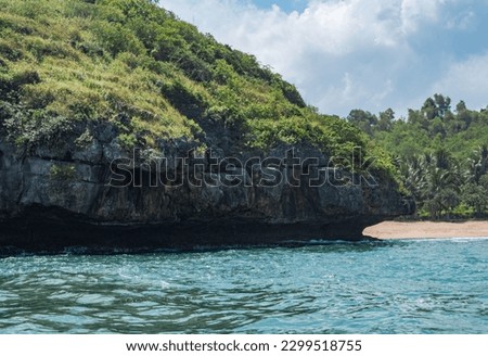 Exploring Forest on the rock in Tanjung Kasap or Cape Kasap, Pacitan, Indonesia. Photo taken from a boat on Indian Ocean. Nature Photography.