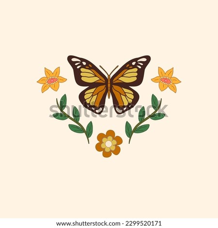 Beautiful butterfly clip art image with leaves and flowers