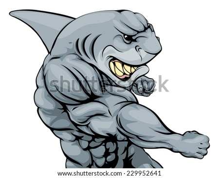 A tough muscular shark character sports mascot attacking with a punch