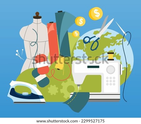 Sewing machine, mannequin, iron, patterns and sketches, pins and threads. Fashion design, sewing workshop or tailoring courses. Vector illustration of a sewing workshop, the concept of a sewing hobby.