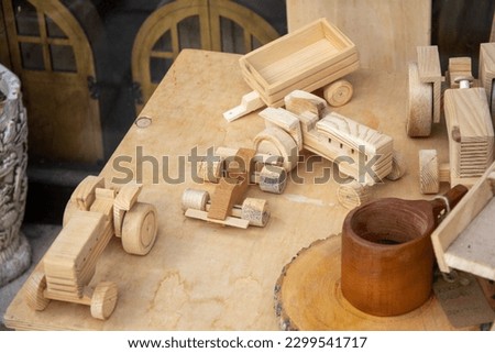 Various wooden toys as a gift, eco-friendly and safe handmade products for children development and learning. Hand made wooden toys in Malatya Turkey. Selective focus Royalty-Free Stock Photo #2299541717