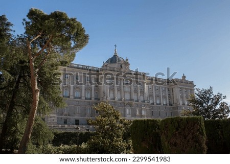 View of the Royal Palace of Madrid (Palacio Real de Madrid). It is the official residence of the Spanish royal family at the city of Madrid.
