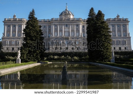 View of the Royal Palace of Madrid (Palacio Real de Madrid). It is the official residence of the Spanish royal family at the city of Madrid.