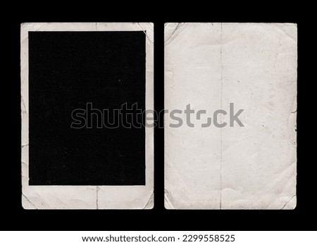 Old Black Empty Aged Vintage Retro Damaged Paper Cardboard Photo Card. Blank Frame. Front and Back Side. Rough Grunge Shabby Scratched Texture. Distressed Overlay Surface for Collage. High Quality.
 Royalty-Free Stock Photo #2299558525