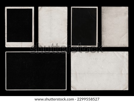 Set of Old Black Empty Aged Vintage Retro Damaged Paper Cardboard Photo Card. Blank Frame. Front and Back Side. Rough Grunge Shabby Scratched Texture. Distressed Overlay Surface for Collage Royalty-Free Stock Photo #2299558527
