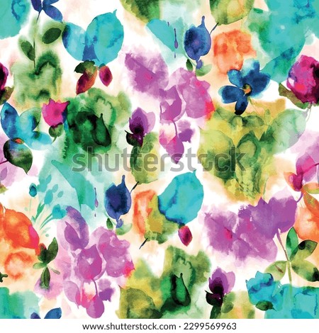 Seamless pattern of watercolor flowers with colorful botanical leaf background. Watercolor colorful tie dye pattern. Abstract art seamless textile print design Royalty-Free Stock Photo #2299569963