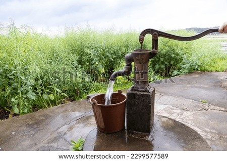 People filling bucket with water from Hand pump in hand-dig well in shallow aquifers in villages in countryside in China. Rapeseed seed pods, Stems, or yellow flowers in background Royalty-Free Stock Photo #2299577589