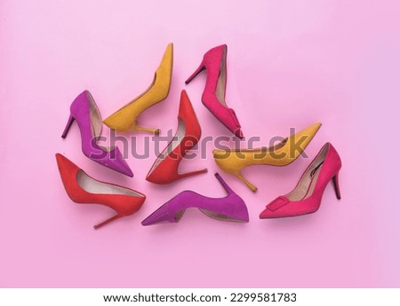 Stylish classic women leather shoe. High heel women shoes on pink background. Shoe for women Royalty-Free Stock Photo #2299581783