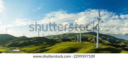 Wind power generation in Te Apiti Wind Farm, New Zealand Royalty-Free Stock Photo #2299597109
