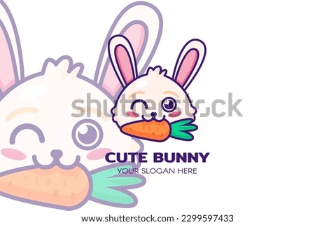 Cute small fluffy eared hare rabbit nibbles juicy orange carrot. Symbol emblem for design decoration, brand name of children school or kindergarten. Vector in thick stroke isolated on white background