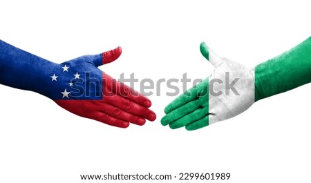 Handshake between Nigeria and Samoa flags painted on hands, isolated transparent image.