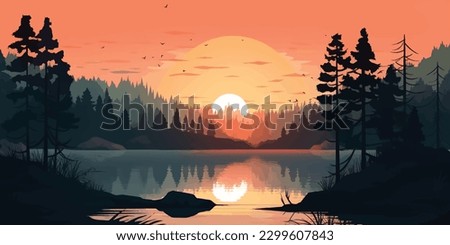 Serene Sunrise  A Majestic Pine Forest Lake Landscape   Vector Art Royalty-Free Stock Photo #2299607843
