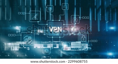 VPN Virtual Private network protocol. Business, Technology, Internet. Cyber security and privacy connection on city background. Royalty-Free Stock Photo #2299608755