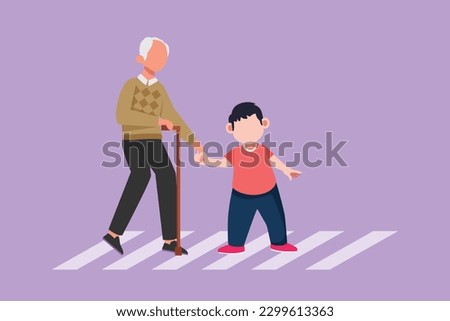 Cartoon flat style drawing happy little boy helps grandfather cross road. Courteous kind kid taking old man across road, holding hand. Manners and respect concept. Graphic design vector illustration