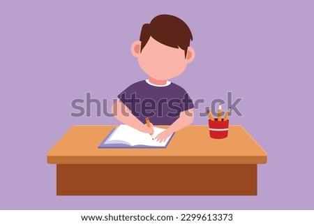Cartoon flat style drawing adorable little boy studying on table with stationery such as books, pencils, pens. Kid makes homework from school. Intelligent student. Graphic design vector illustration