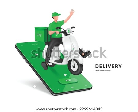Male food delivery driver sit on scoot or motorcycle waved hand to tell customer that food has arrived and all display on smartphone screen, vector 3d isolated for food delivery concept design Royalty-Free Stock Photo #2299614843