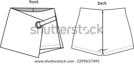 mini shorts skirt fashion drawing, bird eye detail skirt,
front and back view, skirt cad, skirt template. Royalty-Free Stock Photo #2299637495