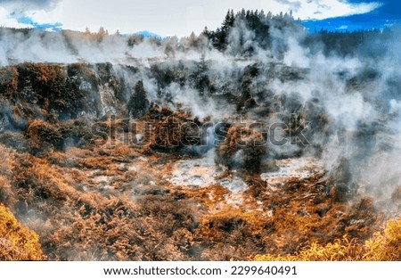Craters of the Moon panoramic view in Taupo in autumn season, New Zealand. Royalty-Free Stock Photo #2299640491