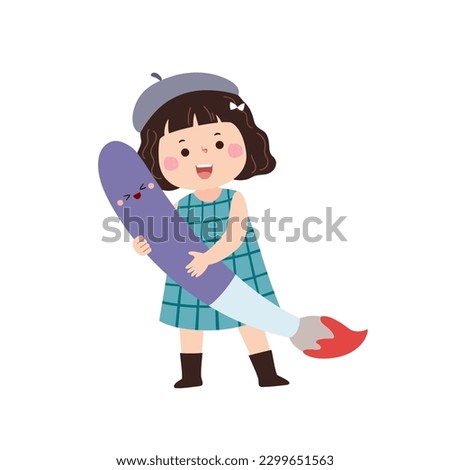 Vector cartoon little student girl holding big paintbrush. Back to school concept