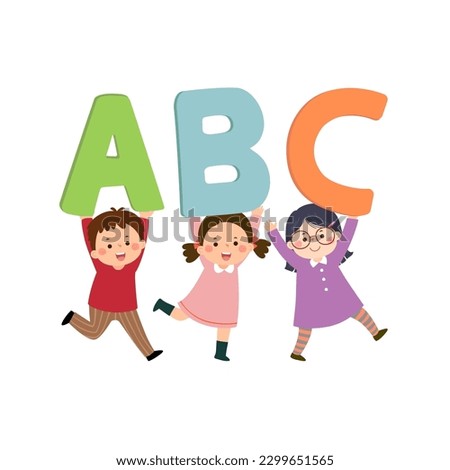 Vector cartoon kids carrying alphabet letters ABC. Back to school concept