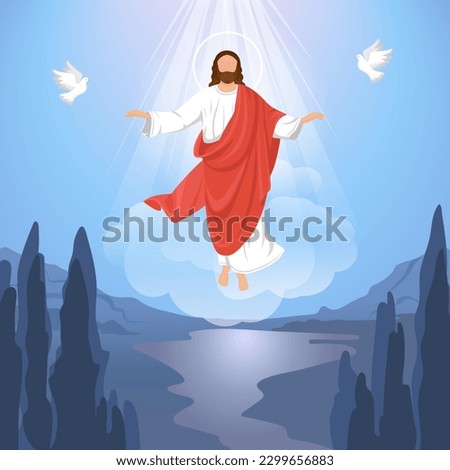  Ascension Day design with Jesus Christ in the sky vector illustration. Illustration of the ascension of Jesus Christ.Jesus in radiance with a halo. Royalty-Free Stock Photo #2299656883