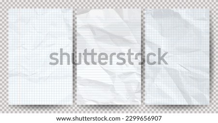 Set of white clean crumpled papers on a transparent background. Crumpled empty notebook sheets of paper with shadow for posters and banners. Vector illustration