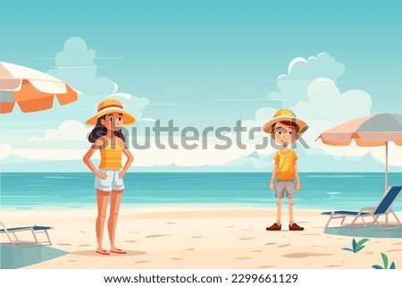 Summer Holiday With Cartoon Kids. Beach Vector Illustration.