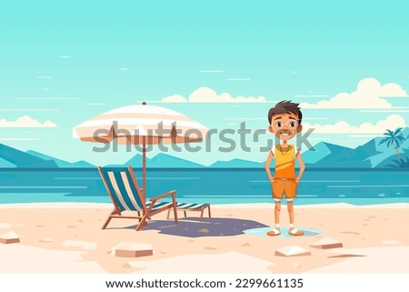 Summer Holiday With Cartoon Kids. Beach Vector Illustration.