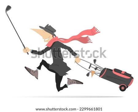 Young man running to play golf.
Wind. Weather. Cartoon running man in the hat and scarf holding a golf club and golf bag
