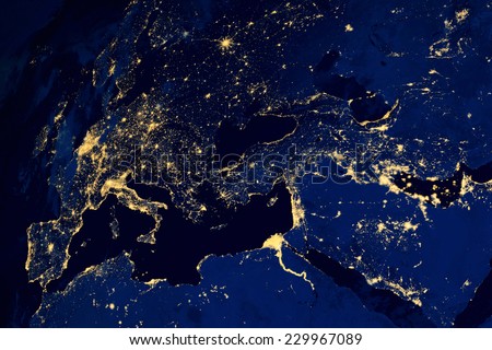 Satellite map of European cities night. N.A.S.A. Image modified. Royalty-Free Stock Photo #229967089