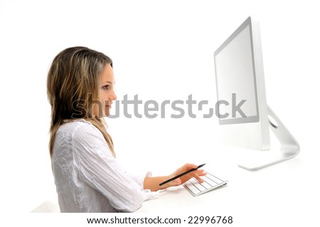 beautiful young woman in front of the computer