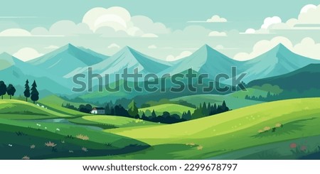 Serene Spring Splendor  Mountainous Landscape with Fresh Green Fields and Clear Blue Sky   Cartoon Vector Illustration Royalty-Free Stock Photo #2299678797