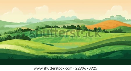 Rural Green Grass Hills Landscape Illustration Royalty-Free Stock Photo #2299678925
