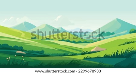 Serene Fields  Vibrant Vector Illustration of a Lush Cartoon Meadow with Blue Skies and Rolling Hills Royalty-Free Stock Photo #2299678933