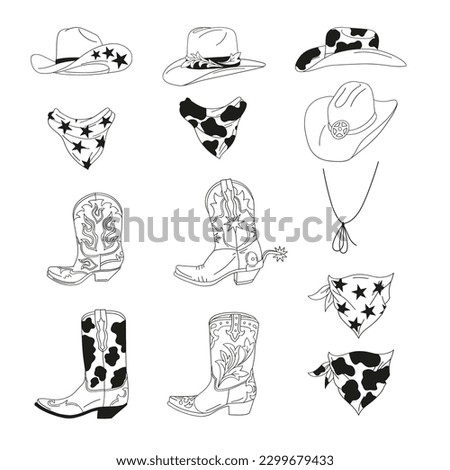 Wild west cowgirl cowboy accessories. Western Rodeo retro boots, hat, bandana. Black and white vector illustration isolated on white. 