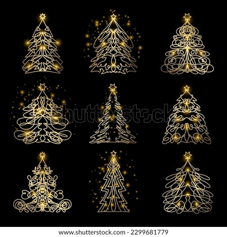 Set of luxury golden christmas tree. Shiny gold linear pine tree. Collection of glittering fir trees with stars. Geometric christmas trees on black background. Outline. Line art with luminous lights