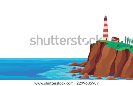 Lighthouse sea landscape. Nautical navigation tower on rocky coast. Ocean beach with beacon and building on cliff. Vector colored flat cartoon illustration of seascape Royalty-Free Stock Photo #2299685987