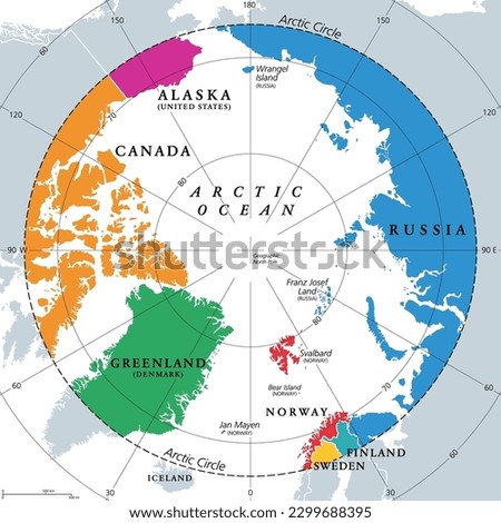 Countries within the Arctic Circle, political map. Countries within about 66 degrees north the Equator and North Pole. Alaska (U.S.), Canada, Finland, Greenland (Denmark), Norway, Sweden and Russia. Royalty-Free Stock Photo #2299688395