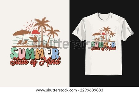 Vintage summer t-shirt with Summer State of Mind slogan. Trendy groovy print design for posters, stickers, cards, and t-shirts. Vector illustration in style retro 70s, 80s design