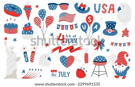 United states of America national symbols for independence day. 4th of July clipart. Balloons, american flag, gnome, eagle, statue of liberty. Vector illustrations in retro colors isolated on white