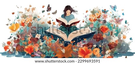 Young woman opening a huge open book surrounding the many flowers, leaves, plants. Back to school, library concept design. Vector illustration, poster and banner Book festival concept Royalty-Free Stock Photo #2299693591