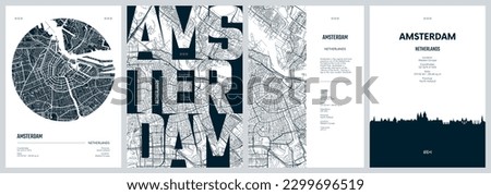 Set of travel posters with Amsterdam, detailed urban street plan city map, Silhouette city skyline, vector artwork Royalty-Free Stock Photo #2299696519