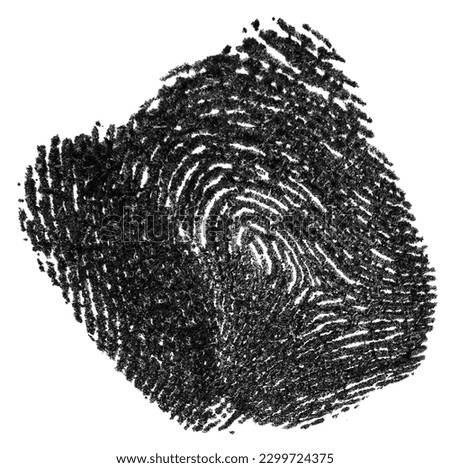 Black ink fingerprint on a white paper. Isolated real fingerprint.
