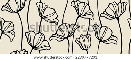 Leaves branch and Hand Drawn doodle Scribble floral plants banner. seamless pattern. Creative minimalist Abstract art background. Design wall decoration, postcard, poster or brochure Royalty-Free Stock Photo #2299779291
