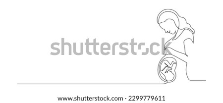 Pregnant Woman in one continuous line drawing. Healthy pregnancy and birth baby symbol in simple linear style. Concept for Happy Mother day banner. Editable stroke. Contour vector illustration Royalty-Free Stock Photo #2299779611