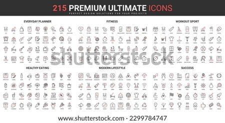 Modern lifestyle, sport workout thin line red black icons set vector illustration. Abstract symbols of daily healthy food, fitness planner application, success diet simple design mobile and web apps Royalty-Free Stock Photo #2299784747