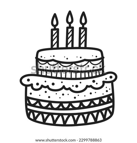 black birthday cake doodle drawing on white background.