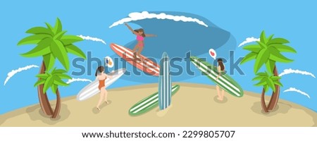3D Isometric Flat Vector Conceptual Illustration of Surfer Girls, Surfboards on the Beach with Palm Trees